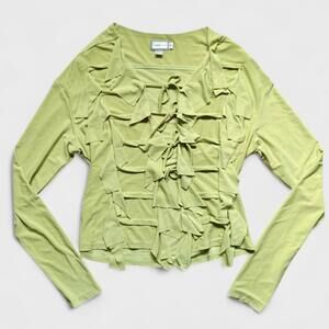 Sympli the Best Y2K Lime Green Ruffle Club Tie Front Blouse